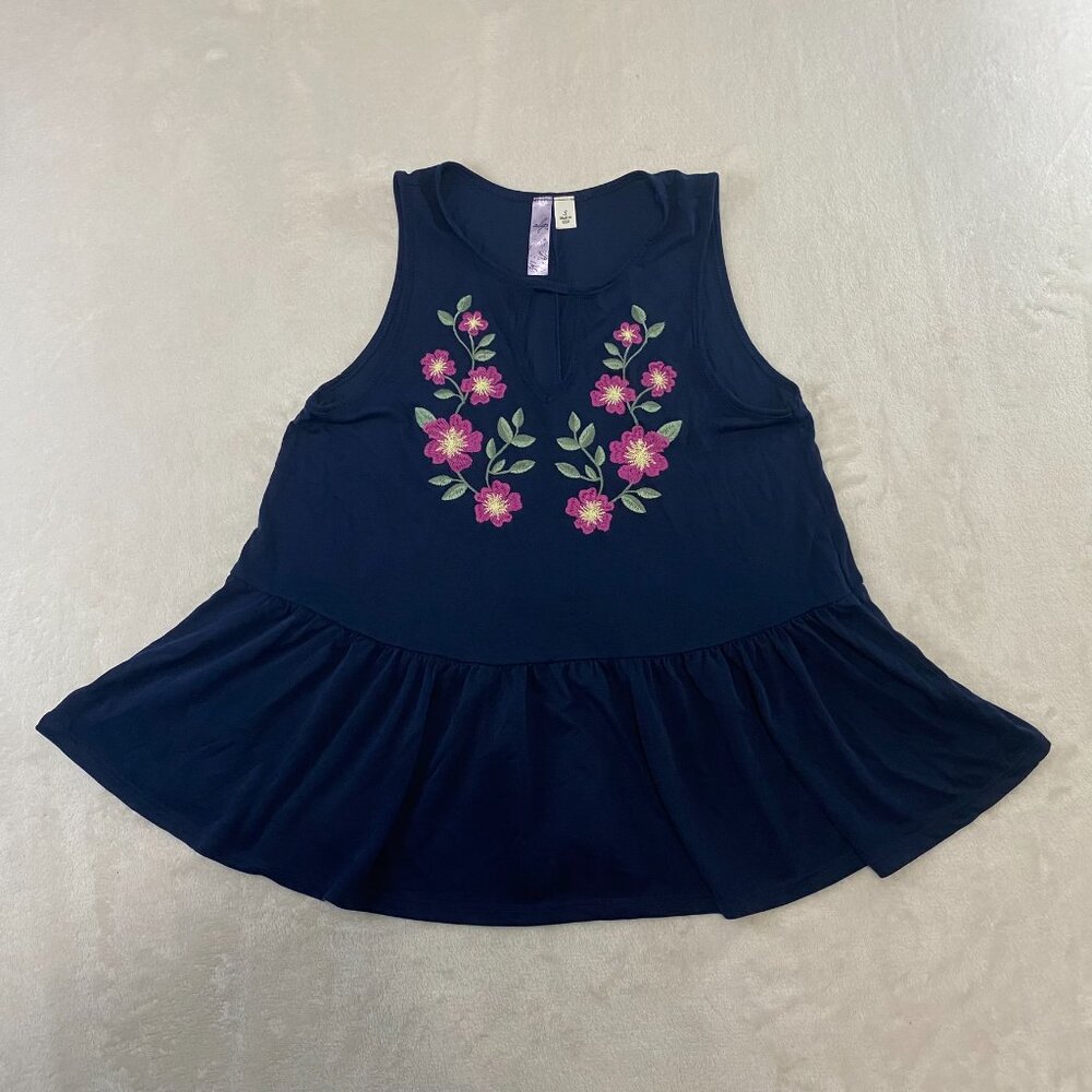 Alya Navy Blue Embroidered Flower Dress Top Modal Blend Made In USA